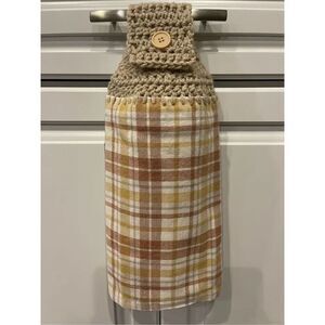 Crochet Top Kitchen Towel- Brown Plaid Neutrals